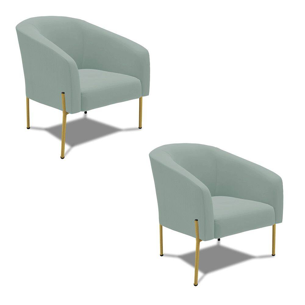 Poltrona Decorativa Pé de Ferro Dourado Kit 2 Stella Cotelê Ext/Veludo Menta D03 - D`Rossi