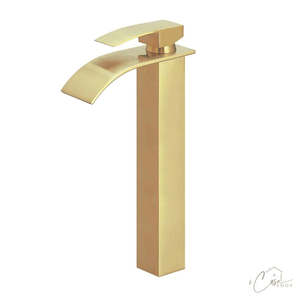 Torneira Banheiro Lavabo Cascata Alta Dourada Escovada Misturador Monocomando