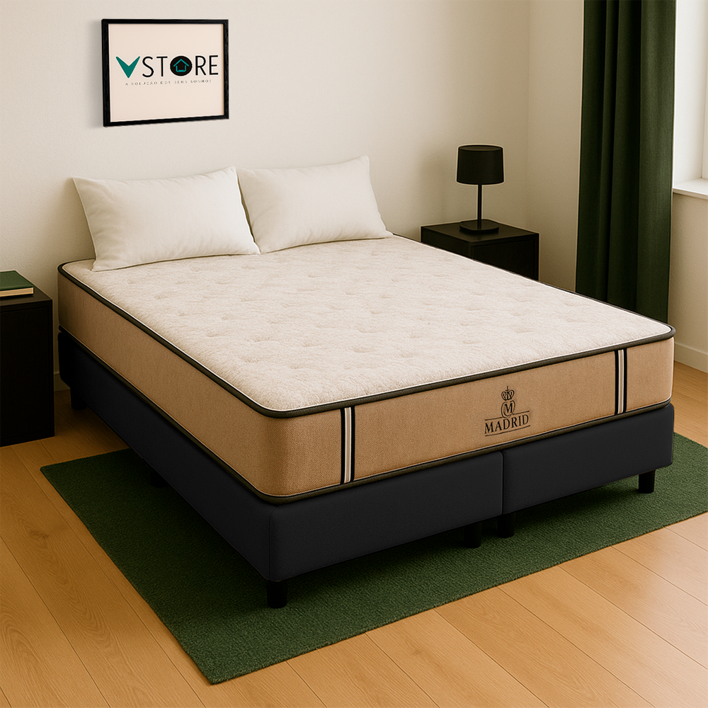 Cama Box Queen Preto Colchão Madrid Molas Vstore 158x198x28