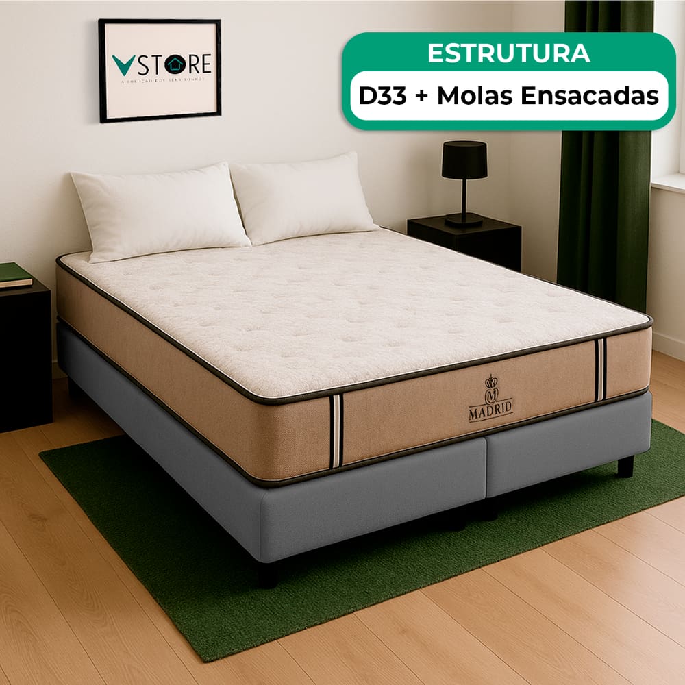 Cama Box Queen Cinza Colchão Madrid Molas Vstore 158x198x28