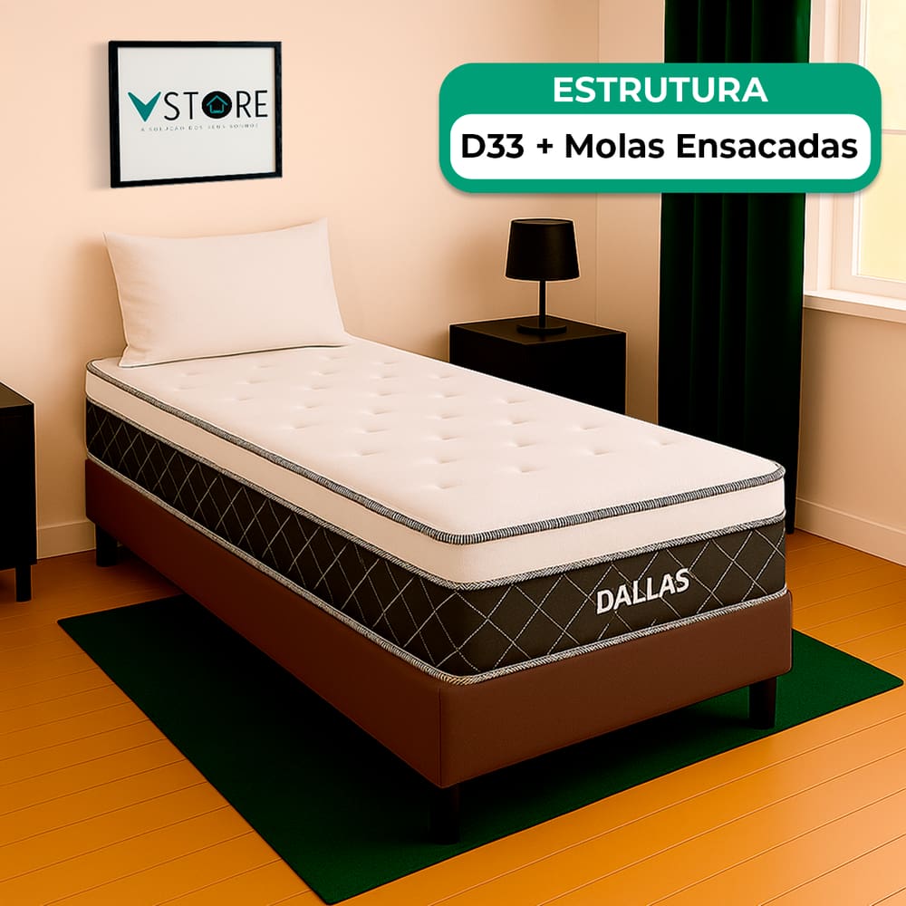 Cama Box Baú Marrom e Colchão Dallas Molas Vstore 78x188x20