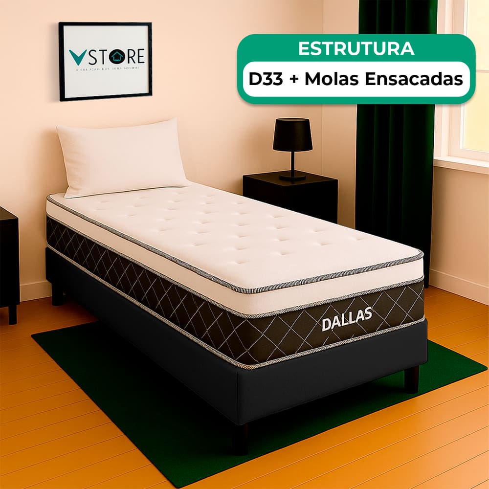 Cama Box Baú Preto e Colchão Dallas Molas Vstore 78x188x20