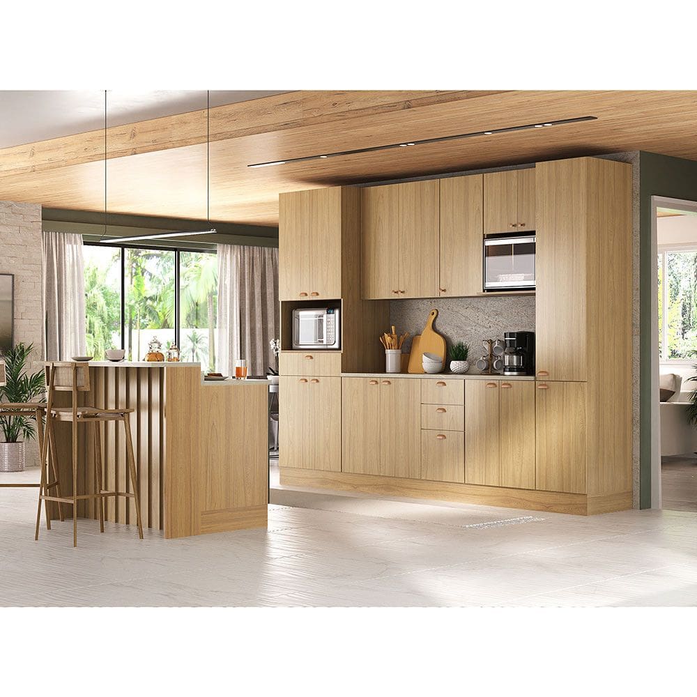 Cozinha Modulada Completa com Bancada Ilha 8 Peças com Tampo e Rodapé Classic Luciane Móveis