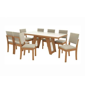 Conjunto de Mesa de Jantar Retangular com Tampo de Vidro Off White Cinara e 8 Cadeiras Luna Jacquard Bege e Canela