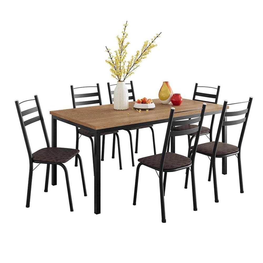 Conjunto de Mesa Retangular com Tampo de MDP Amadeirado e 6 Cadeiras Adriana III Revestimento Sintético Cacau e Preto