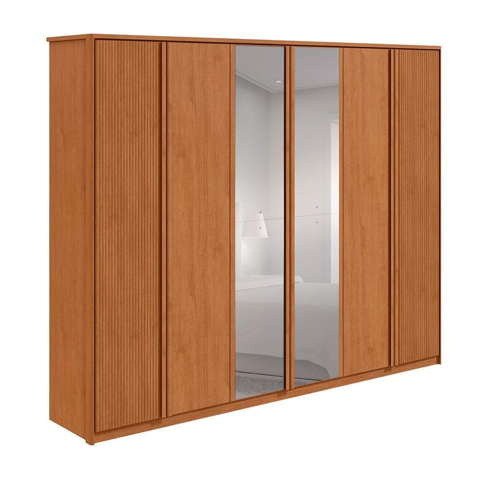 Guarda-Roupa Casal com Espelho Ollie sem Pés Ollie 6 Portas 6 Gavetas Amêndoa