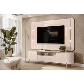 Bancada Com Painel Areta Para TV Até 75 Polegadas 2 Portas 1 Gavetas LED Off White 100%MDF - DJ Móveis