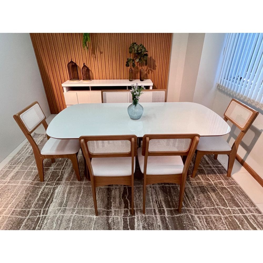 Kit Mesa Oval 6 Cadeiras de Jantar Tela no Encosto 100% MDF Branco Bege Dalla Costa