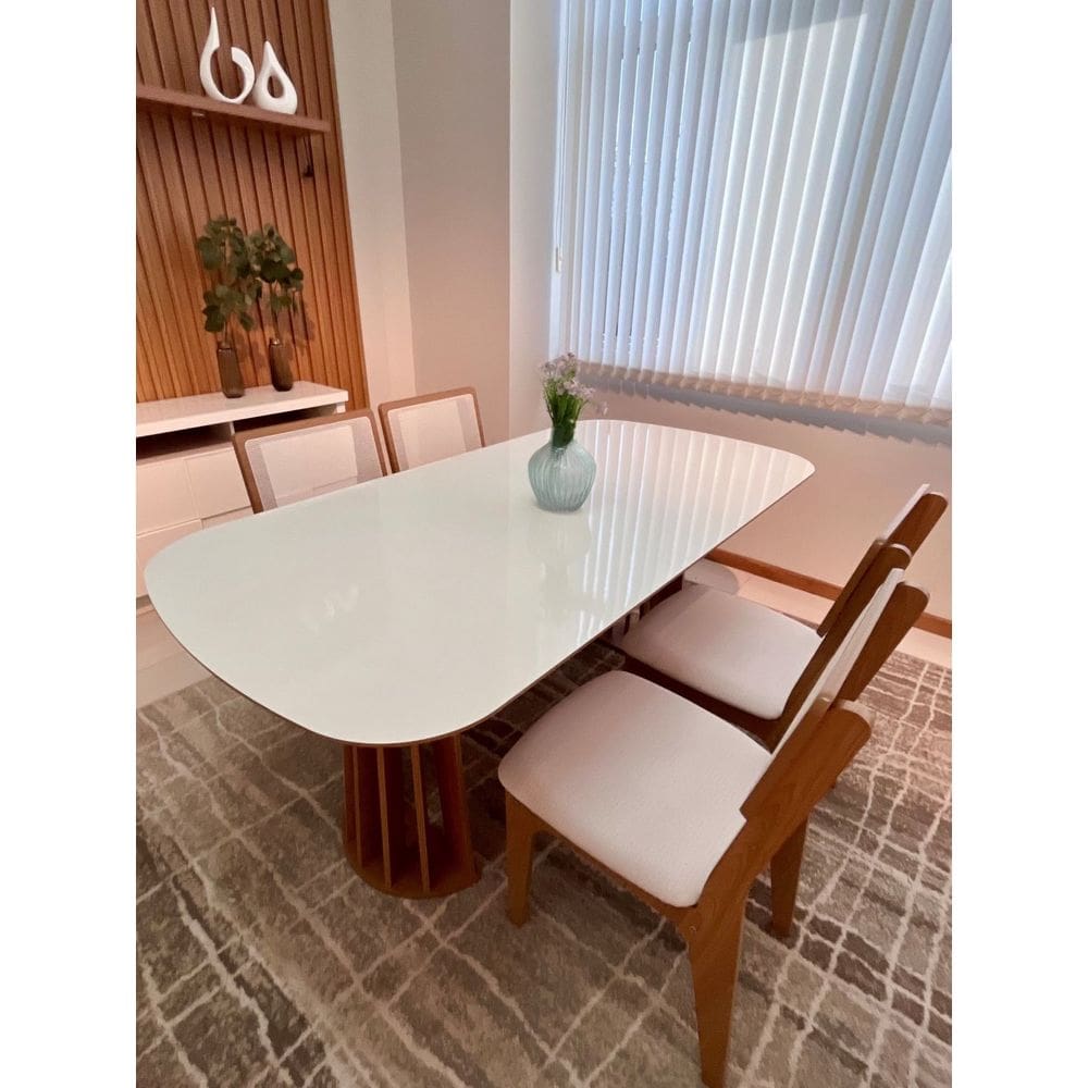 Kit Mesa Oval 4 Cadeiras de Jantar Tela 100% MDF Branco Bege Dalla Costa