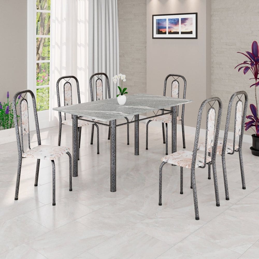 Conjunto Sala de Jantar com 6 Cadeiras Lívia Bege / Prata