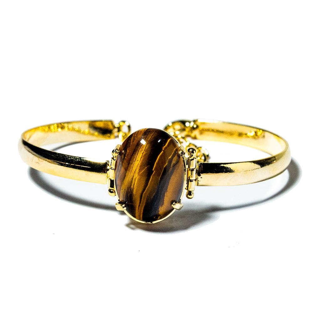 05 Bracelete Olho de Tigre Natural Mini Cabochão Dourado