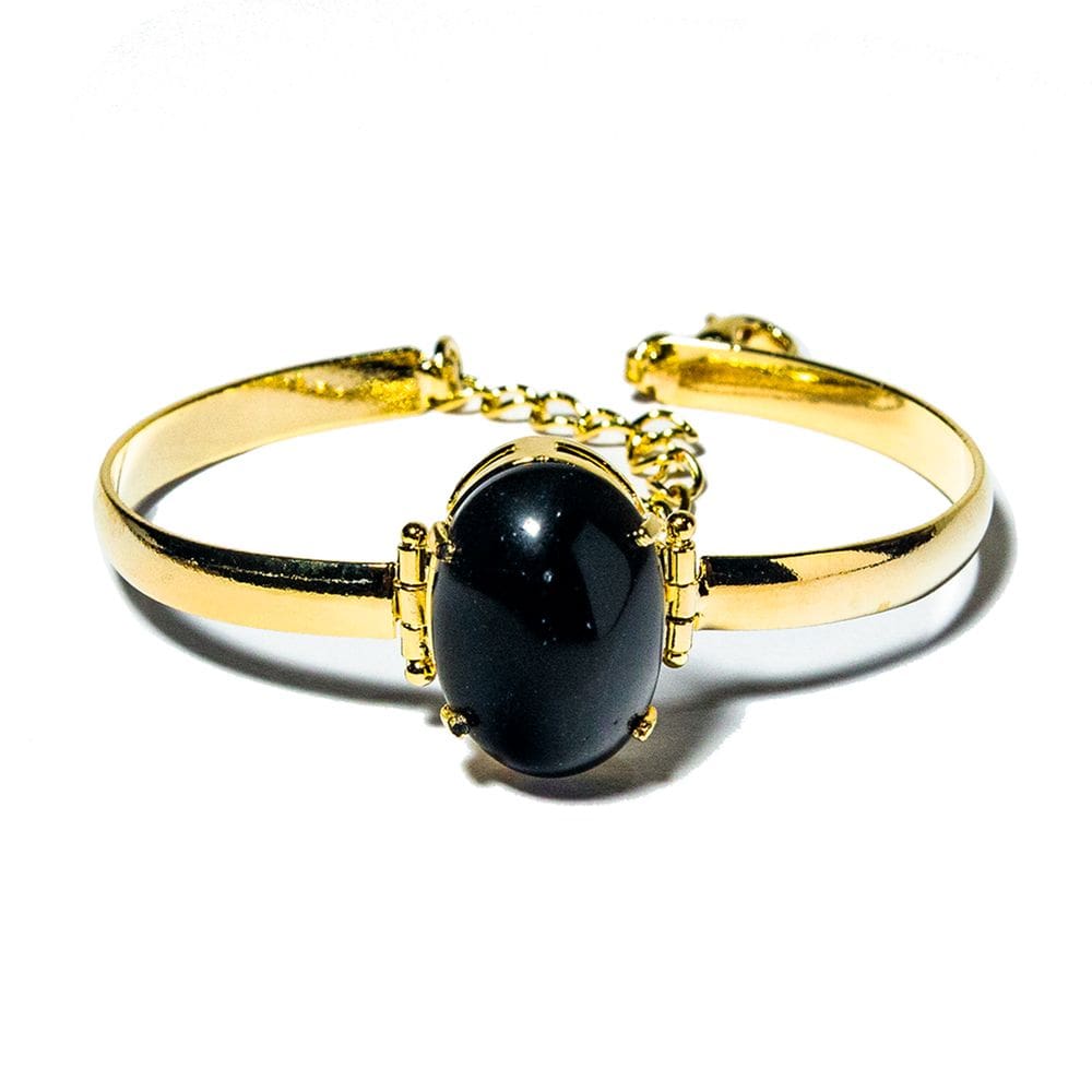 05 Bracelete Obsidiana Pedra Natural Mini Cabochão Dourado