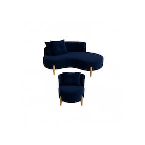 Conjunto 01 Poltrona + Sofá Curvo Orgânico Veludo Azul Marinho - Montanaris Decor