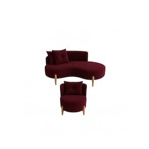 Conjunto 01 Poltrona + Sofá Curvo Orgânico Veludo Bordô - Montanaris Decor