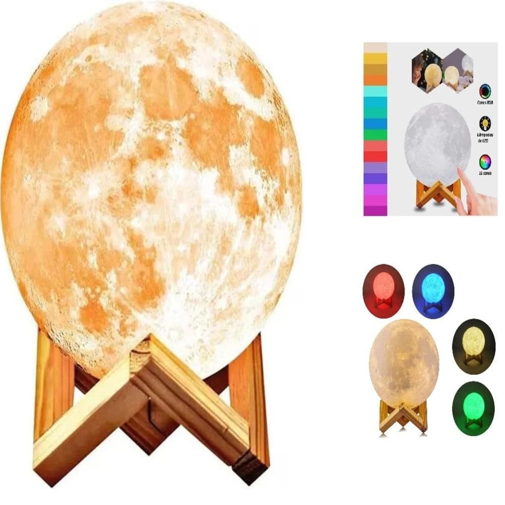Luminária Touch 3D Lua Cheia 19cm 7 Cores Decorativa