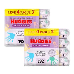 Kit 2 Toalha Umedecida Huggies One & Done Leve 4 Pague 3 com 4 Pacotes de 48 Unidades cada