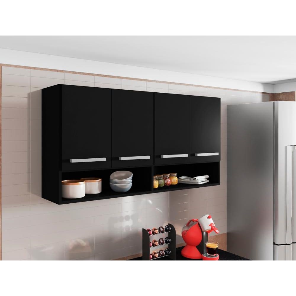 Armario Aereo Suspenso de Parede 4 Portas Preto Bulgaria Bela Casa