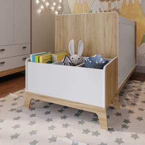 Caixa Organizadora Para Brinquedos e Livros Infantil Multiuso Design Retrô Branco Com Marrom Madeira