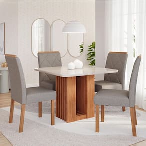 Conjunto de Mesa Quadrada com Tampo de Vidro Off White Ariela e 4 Cadeiras Fernanda Linho Grafite e Cinamomo