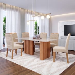 Conjunto de Mesa Retangular com Tampo de Vidro Cinamomo Ester e 6 Cadeiras Paola Suede Nude