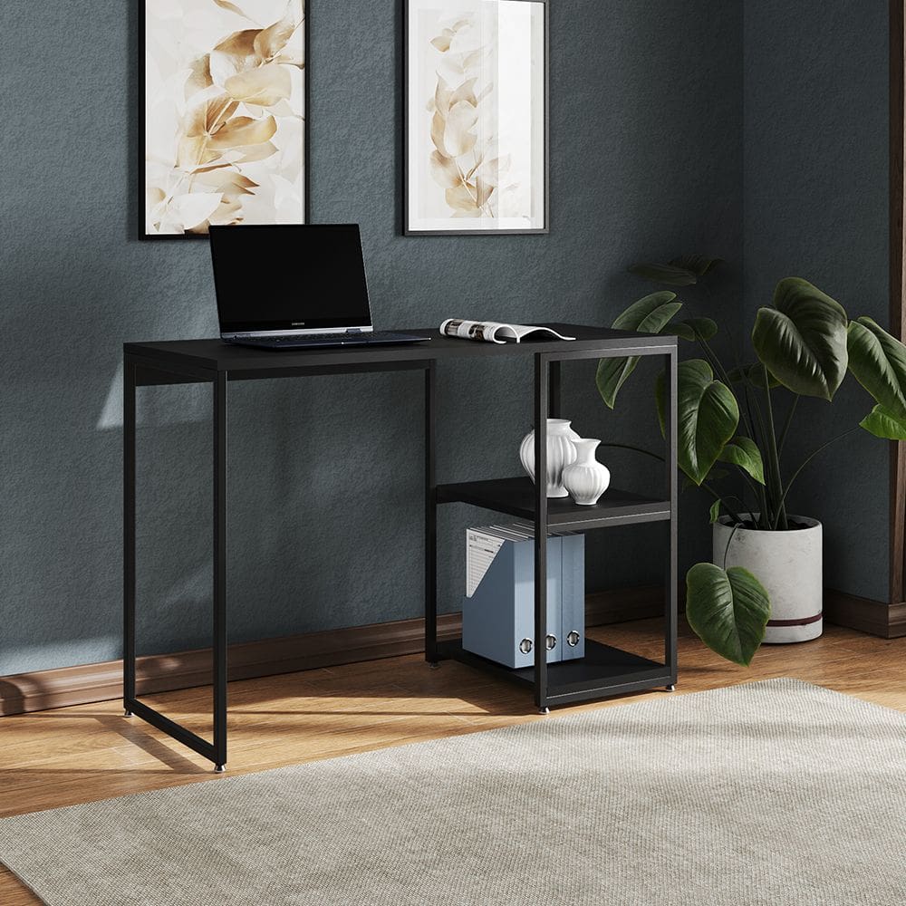Mesa Escritório Berlim Industrial com Prateleira Ferro Preto Tampo 110x46 Preto