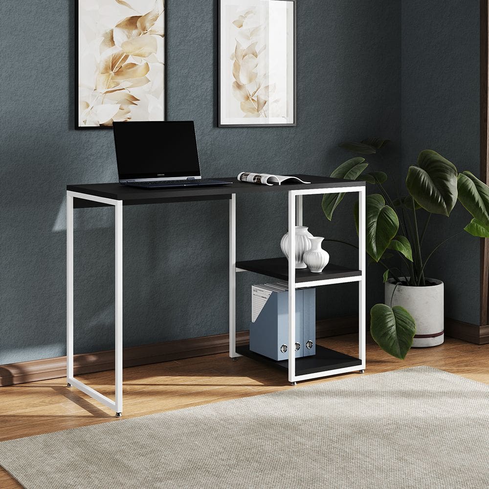 Mesa Escritório Berlim Industrial com Prateleira Ferro Branco Tampo 110x46 Preto