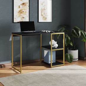 Mesa Escritório Berlim Industrial com Prateleira Ferro Dourado Tampo 110x46 Preto