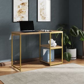 Mesa Escritório Berlim Industrial com Prateleira Ferro Dourado Tampo 110x46 Freijó