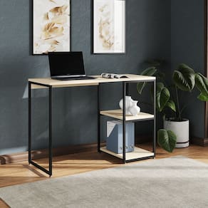 Mesa Escritório Berlim Industrial com Prateleira Ferro Preto Tampo 110x46 Off White