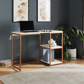 Mesa Escritório Berlim Industrial com Prateleira Ferro Cobre Tampo 110x46 Off White