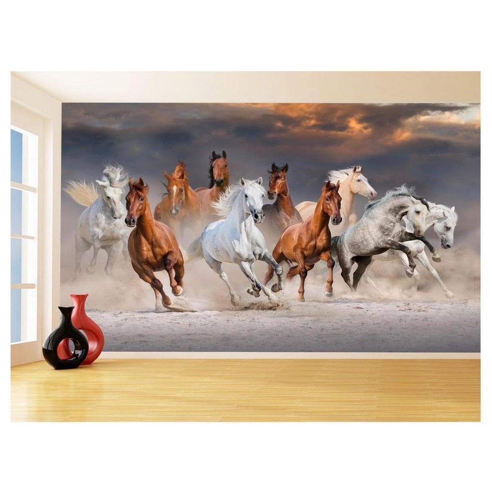 Papel De Parede 3D Animais Cavalos Correndo Céu 3,5M Anm296
