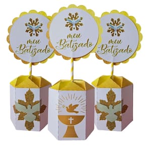 Kit 10 Centros De Mesa Decoração Para Batizado - Dourado