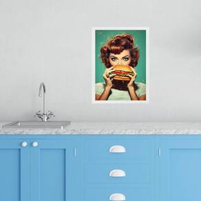 Quadro Cozinha Retro Pin Up Hamburger 33X24Cm - Com Vidro