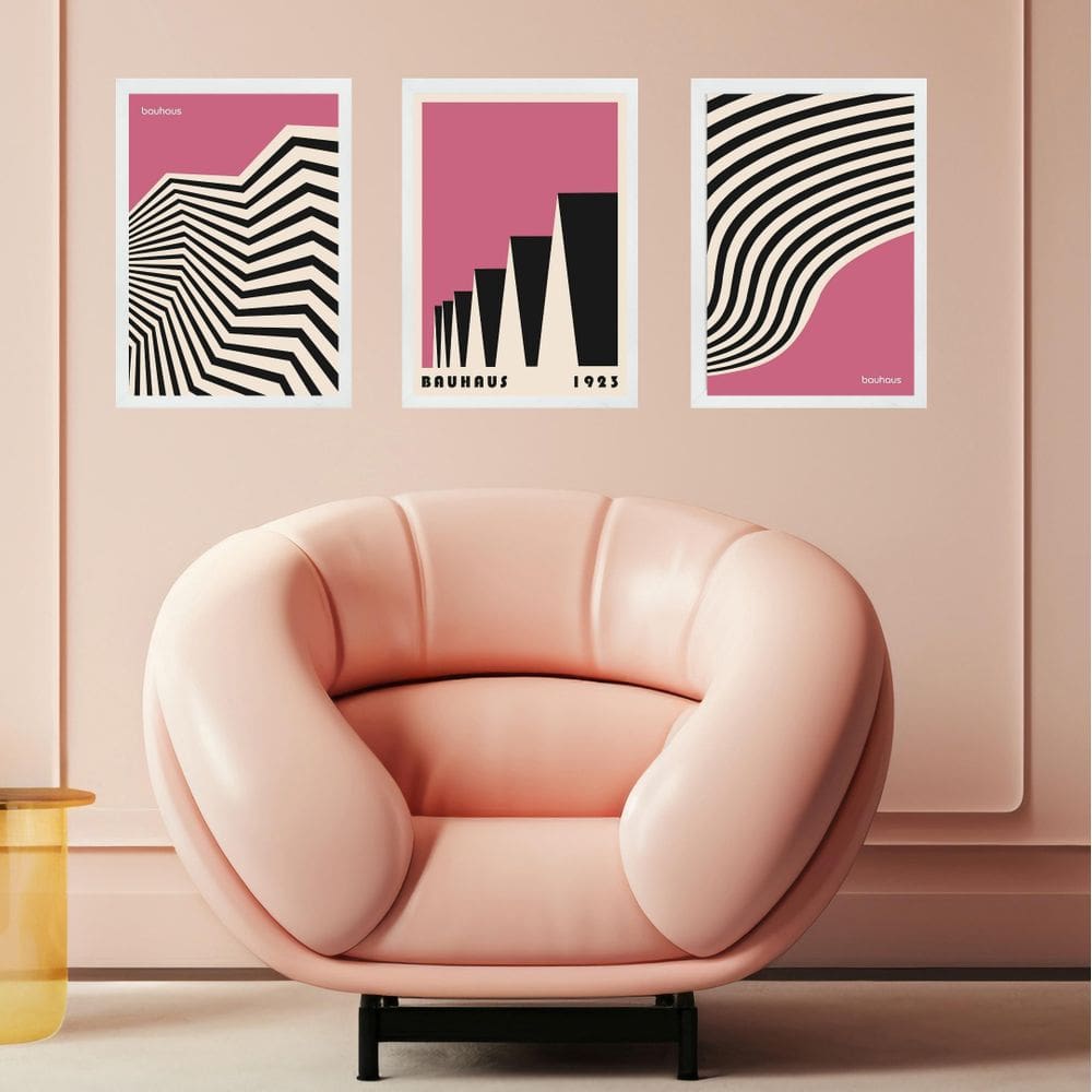 Kit 3 Quadros Bauhaus Geométricos Rosa E Preto 45X34Cm Vidro