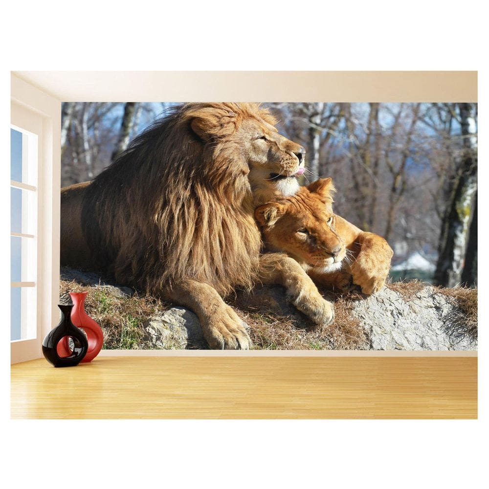 Papel De Parede 3D Animais Leão Família Casal 3,5M Anm517