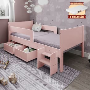Cama Infantil + Colchão com 2 Baus Organizador Escada Luna Plus Rosa