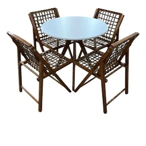 Conjunto Mesa Redonda com 4 Cadeiras em Madeira e Corda Náutica