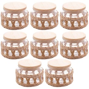 Conjunto 8 Potes Herméticos 350ml Vidro Sisal Tampa Madeira Porta Mantimentos