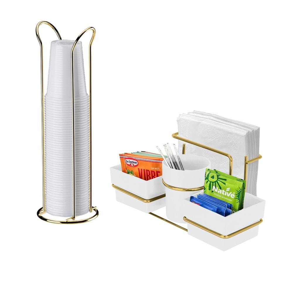 Kit Porta Sachê Suporte Organizador Copos Descartáveis Cozinha Dourado - Future