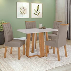 Conjunto Sala de Jantar Mesa Easy Pop 120x80cm Tampo Vidro/MDF com 4 Cadeiras Confort Suede Animale Bege Amendoa Clean/off White