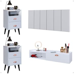 Kit Quarto 2 Mesinhas Mesa Lateral Cama Penteadeira Suspensa Camarim Branco Cabeceira King Size 1,95 Estofada Corino - Lojas RPM