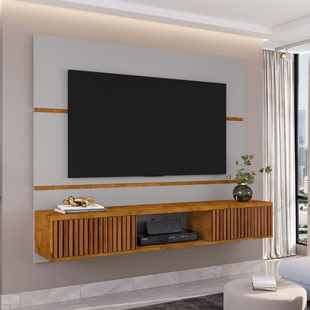 Painel Para TV Âmbar Off White Com Naturalle Ripado – Bechara Móveis