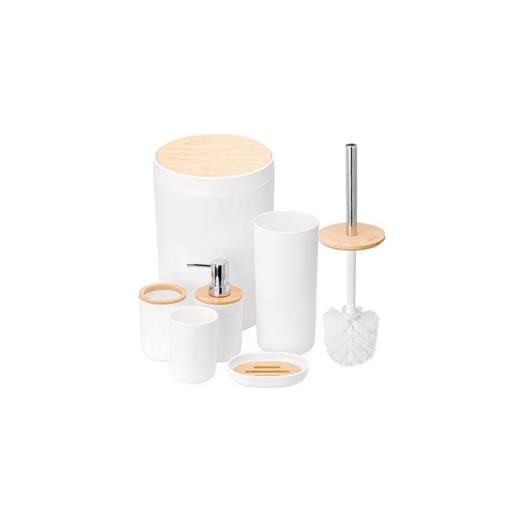 Kit Para Banheiro Em Bambu 6 Peças Branco