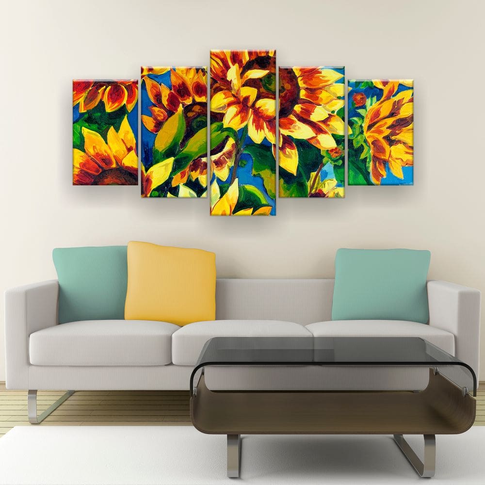 Quadro Decorativo Pintura Oito Girassóis 129X61 5 Peças