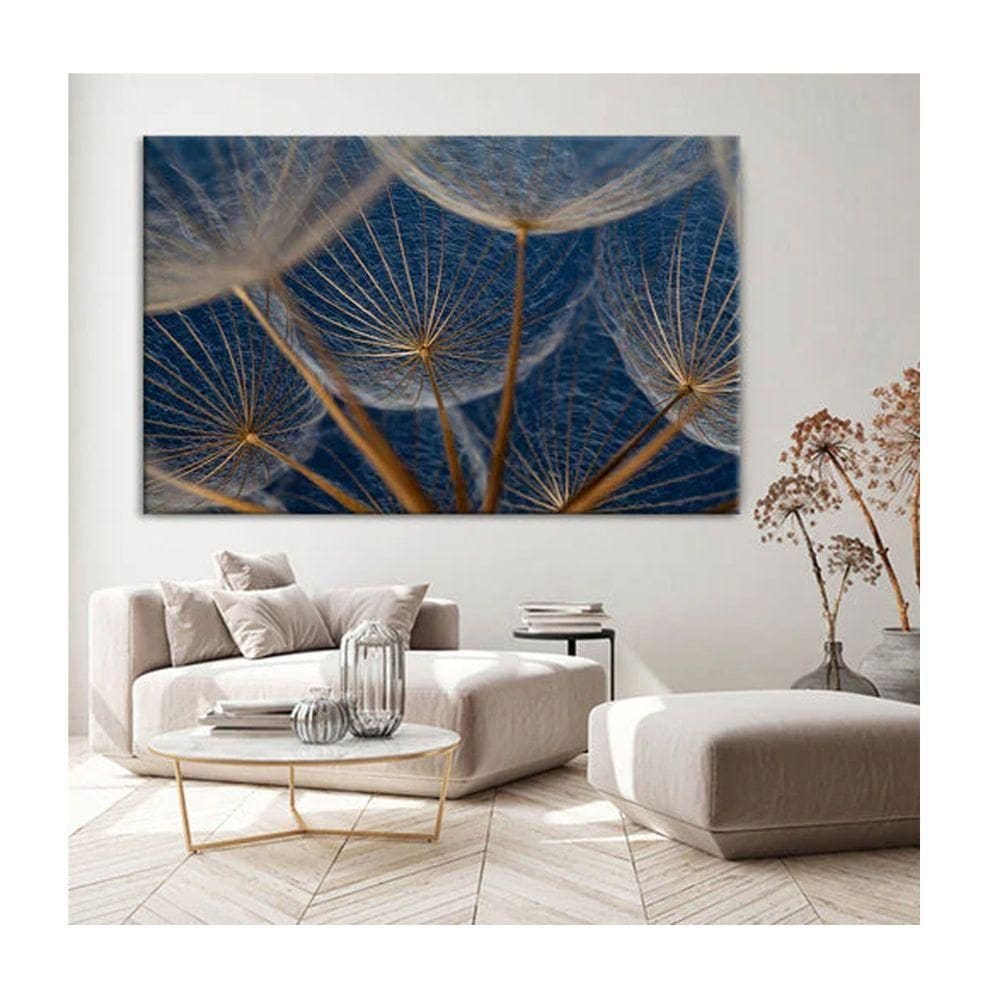 Quadro Folhas e Flores Dente De Leão Em Fundo Azul C- Moldura Dourada e Vidro Tamanho 120 X 80cm