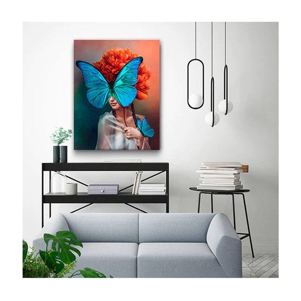 Quadro Arte Conceito Blue Butterfly Face C- Moldura Dourada Tamanho 100 X 70cm