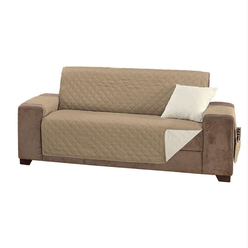 Protetor De Sofá Manu Dupla Face Padrão 4 Lugares Microfibra - Cáqui/palha