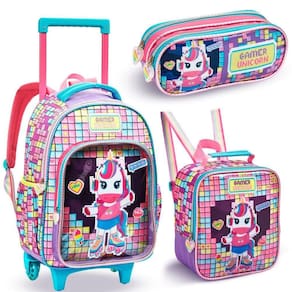 Kit Mochila Rodinhas Lancheira Estojo Escolar Unicornio Gamer