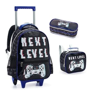 Kit Mochila Rodinha Estojo Lancheira Escolar Infantil Next Level Game Denlex
