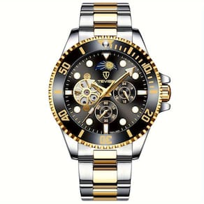 Relógio De Luxo , Automático Mecânico, 5 Pontos, Cronógrafo De 24h, Aço Inoxidável Dourado Preto